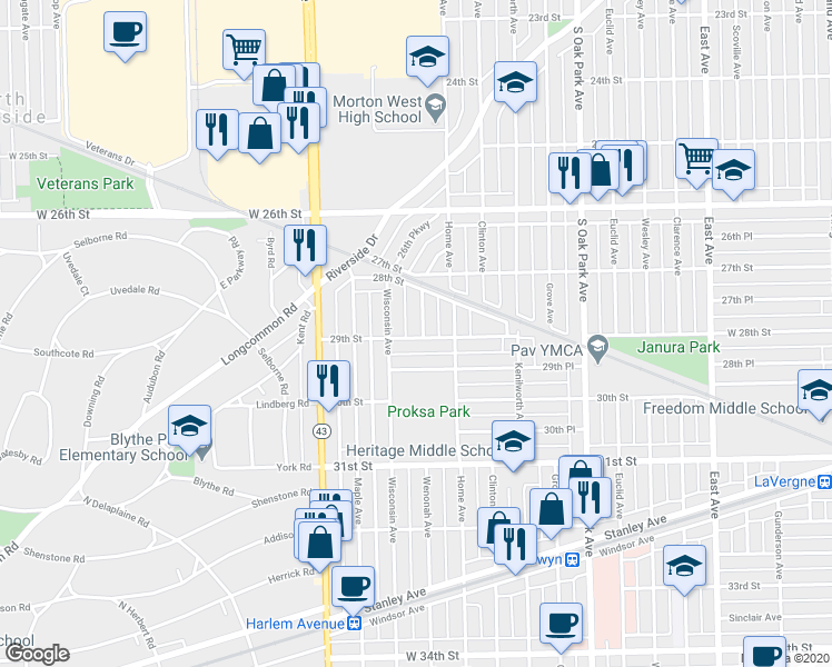 map of restaurants, bars, coffee shops, grocery stores, and more near 2848 Wenonah Avenue in Berwyn