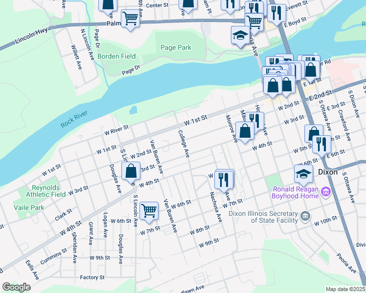 map of restaurants, bars, coffee shops, grocery stores, and more near 211 South College Avenue in Dixon