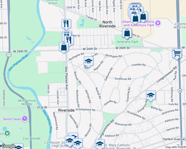 map of restaurants, bars, coffee shops, grocery stores, and more near 121 Southcote Road in Riverside