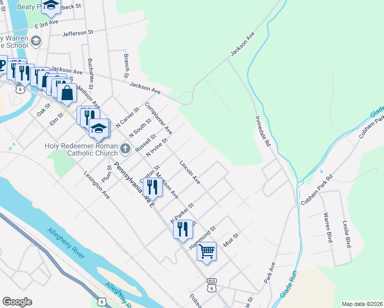 map of restaurants, bars, coffee shops, grocery stores, and more near 215 Central Avenue in Warren