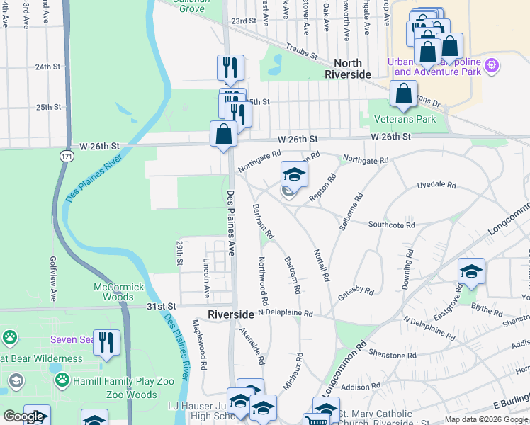 map of restaurants, bars, coffee shops, grocery stores, and more near 363 Bartram Road in Riverside