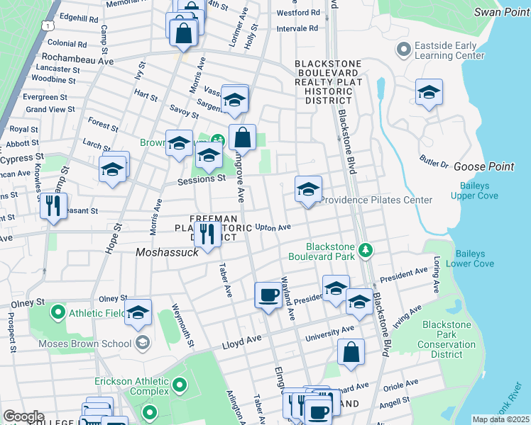 map of restaurants, bars, coffee shops, grocery stores, and more near 167 Emeline Street in Providence