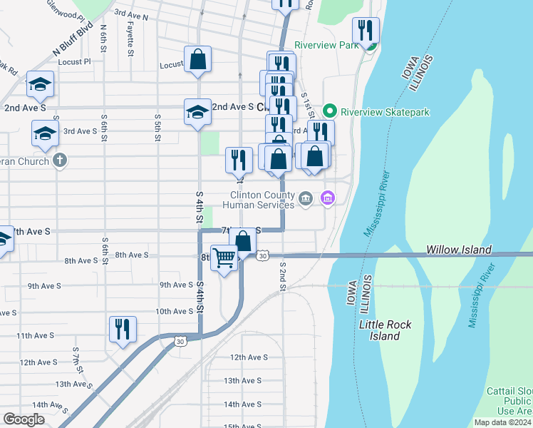 map of restaurants, bars, coffee shops, grocery stores, and more near 217 6th Avenue South in Clinton