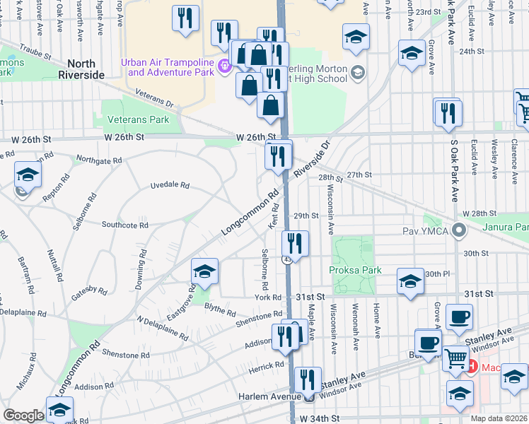 map of restaurants, bars, coffee shops, grocery stores, and more near 508 Kent Road in Riverside