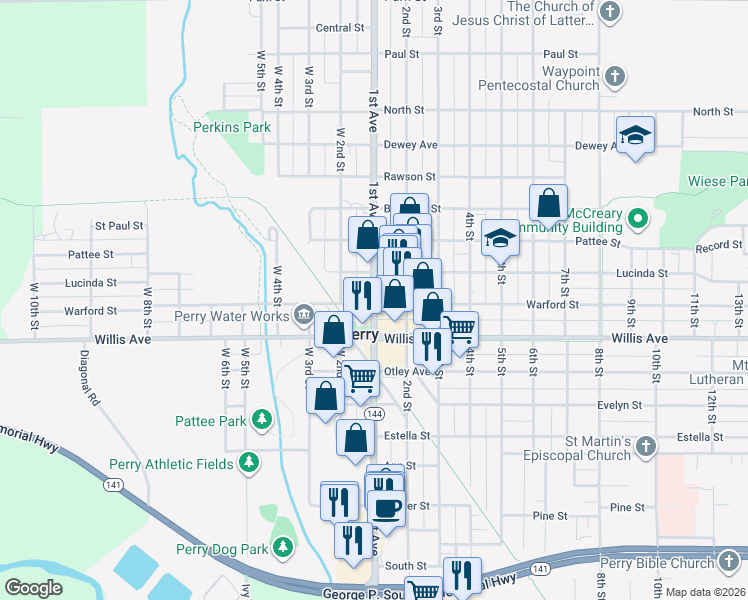 map of restaurants, bars, coffee shops, grocery stores, and more near 1208 1st Avenue in Perry