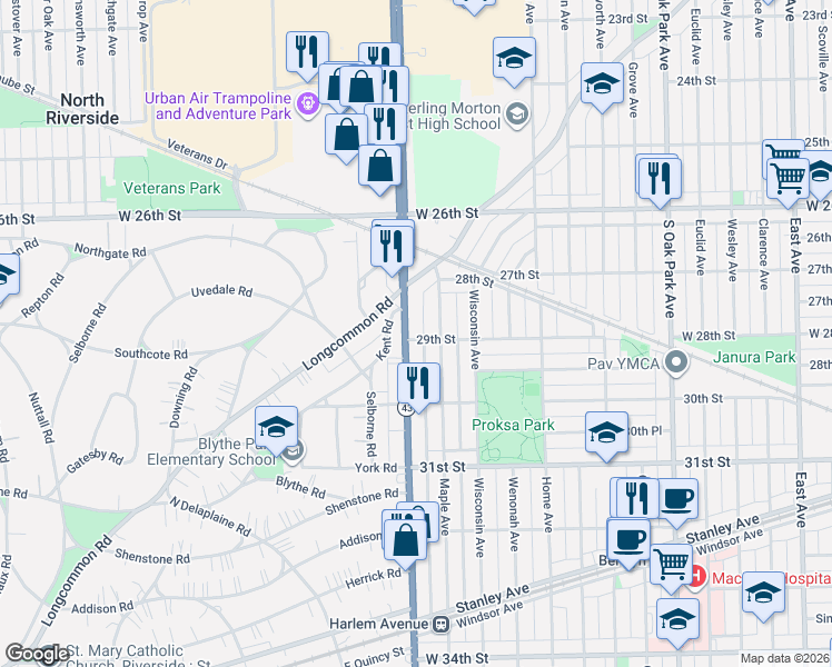 map of restaurants, bars, coffee shops, grocery stores, and more near 2845 South Harlem Avenue in Berwyn