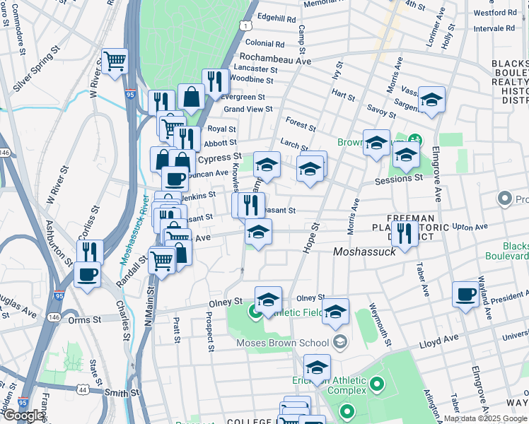 map of restaurants, bars, coffee shops, grocery stores, and more near 167 Pleasant Street in Providence