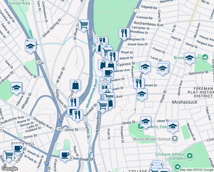 map of restaurants, bars, coffee shops, grocery stores, and more near 691 North Main Street in Providence