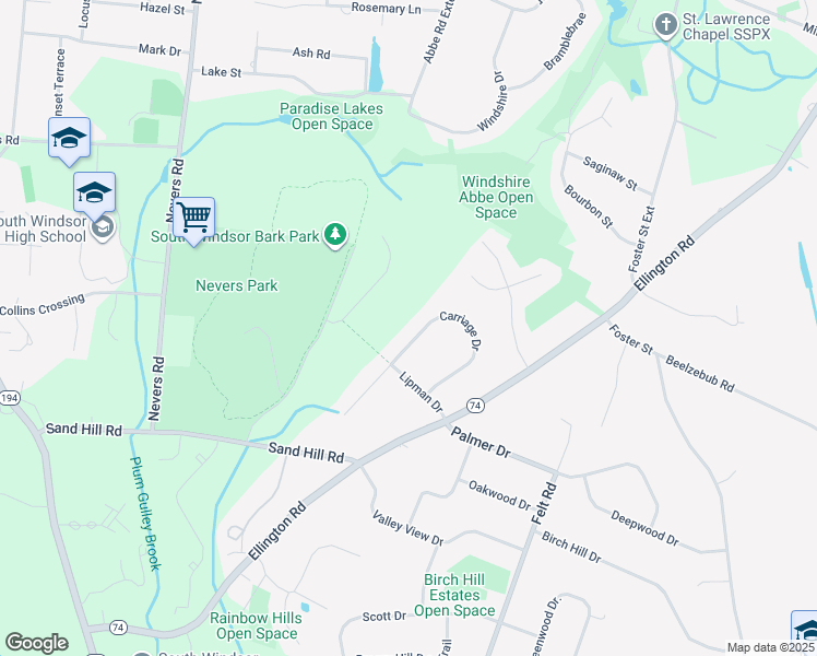 map of restaurants, bars, coffee shops, grocery stores, and more near 164 Carriage Drive in South Windsor