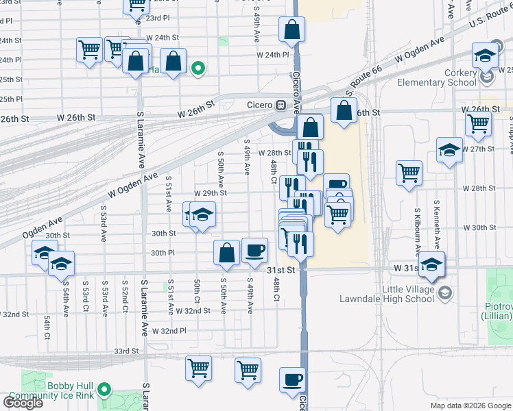 map of restaurants, bars, coffee shops, grocery stores, and more near 2919 South 49th Avenue in Cicero