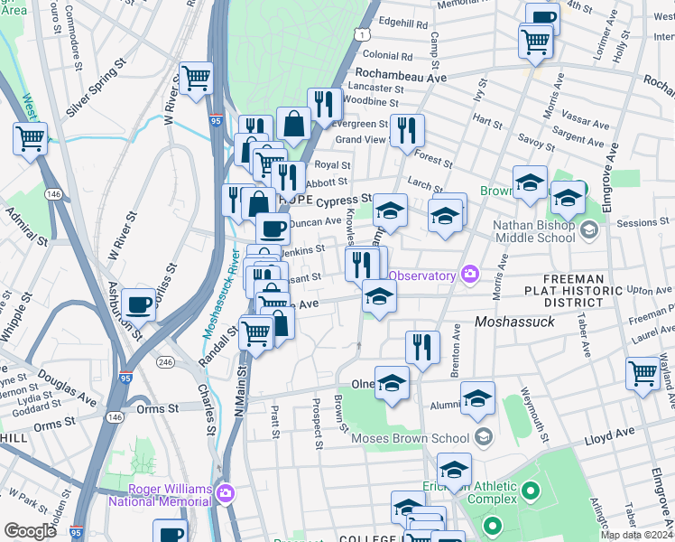 map of restaurants, bars, coffee shops, grocery stores, and more near 106 Pleasant Street in Providence