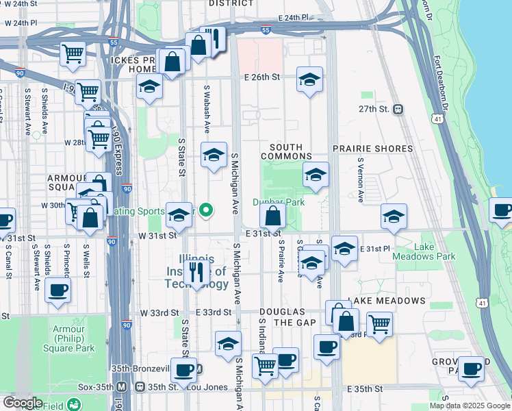 map of restaurants, bars, coffee shops, grocery stores, and more near 2065 South Indiana Avenue in Chicago