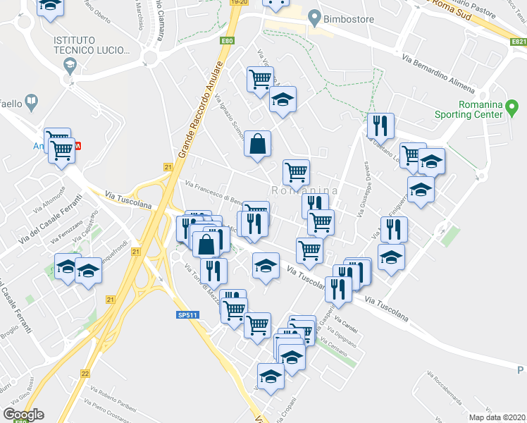 map of restaurants, bars, coffee shops, grocery stores, and more near 138 Via Francesco di Benedetto in Rome