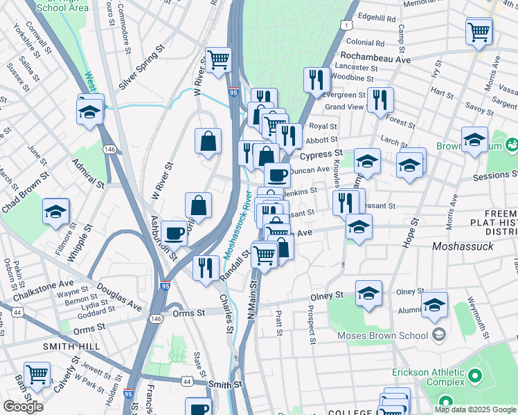 map of restaurants, bars, coffee shops, grocery stores, and more near 57 Printery Street in Providence