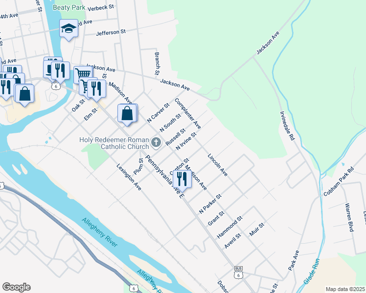 map of restaurants, bars, coffee shops, grocery stores, and more near 110 North Irvine Street in Warren