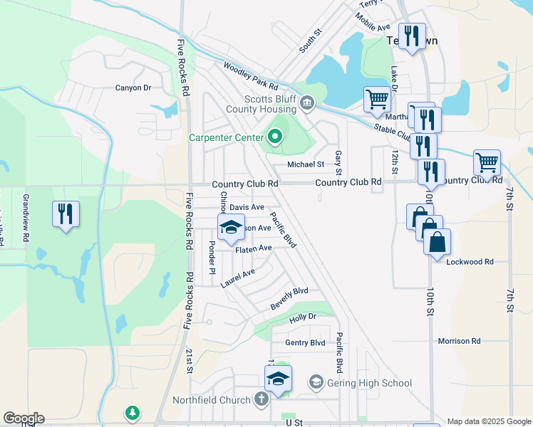map of restaurants, bars, coffee shops, grocery stores, and more near 1735 Davis Avenue in Gering