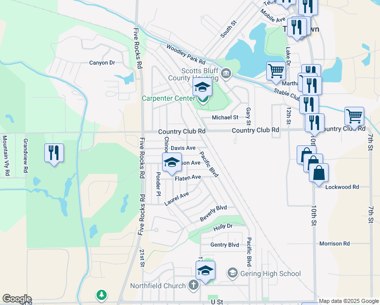 map of restaurants, bars, coffee shops, grocery stores, and more near 1735 Davis Avenue in Gering