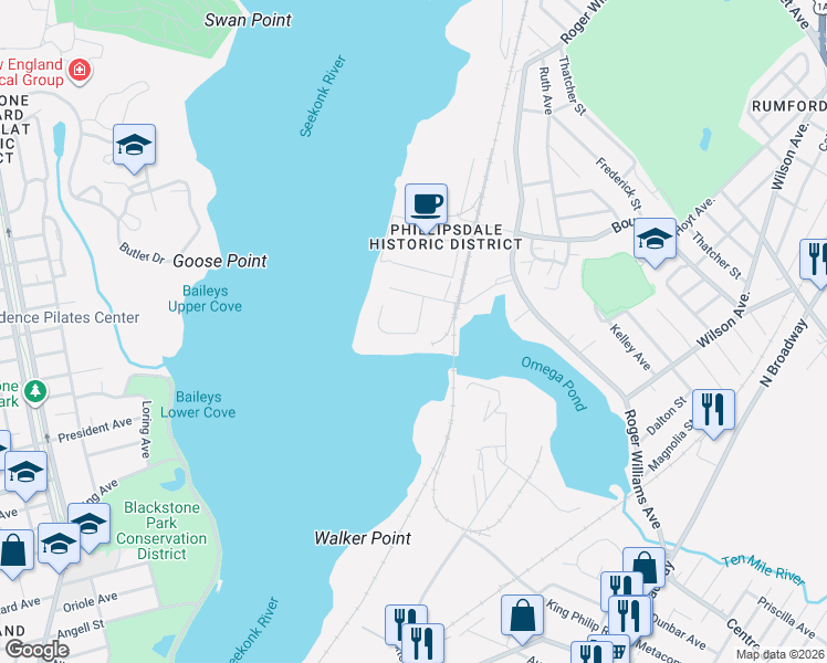 map of restaurants, bars, coffee shops, grocery stores, and more near in East Providence