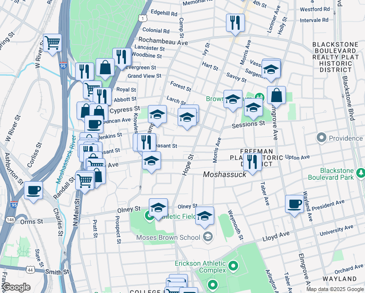 map of restaurants, bars, coffee shops, grocery stores, and more near 480 Hope Street in Providence