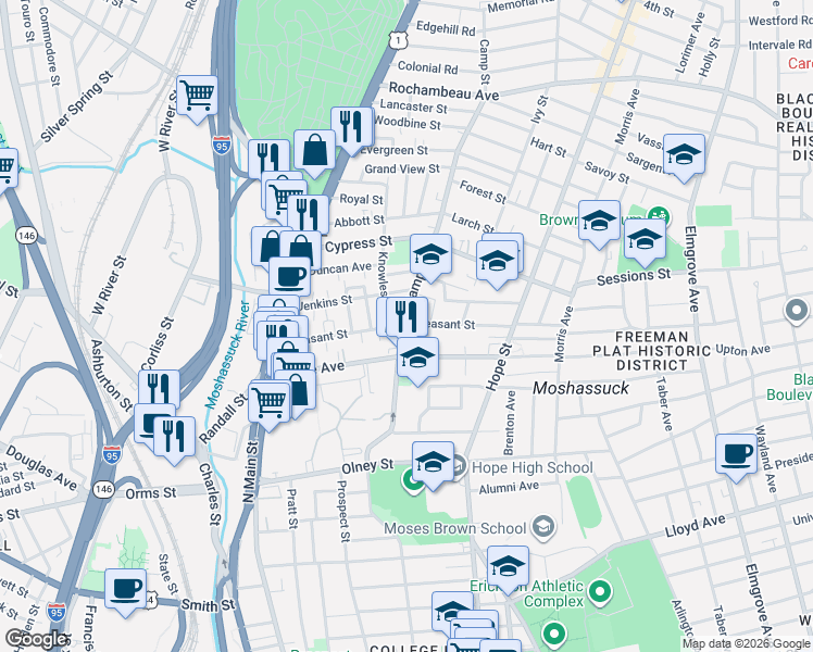 map of restaurants, bars, coffee shops, grocery stores, and more near 127 Pleasant Street in Providence