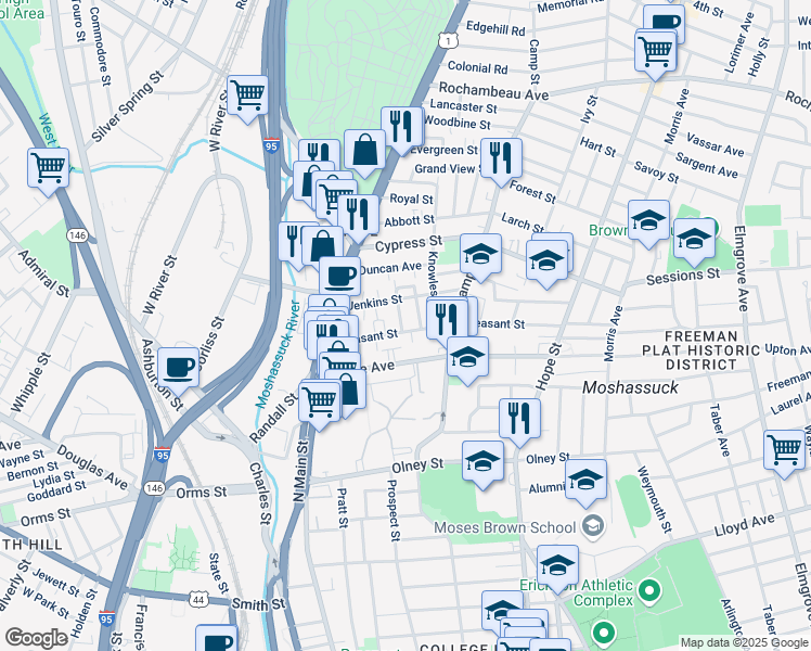 map of restaurants, bars, coffee shops, grocery stores, and more near 85 Pleasant Street in Providence