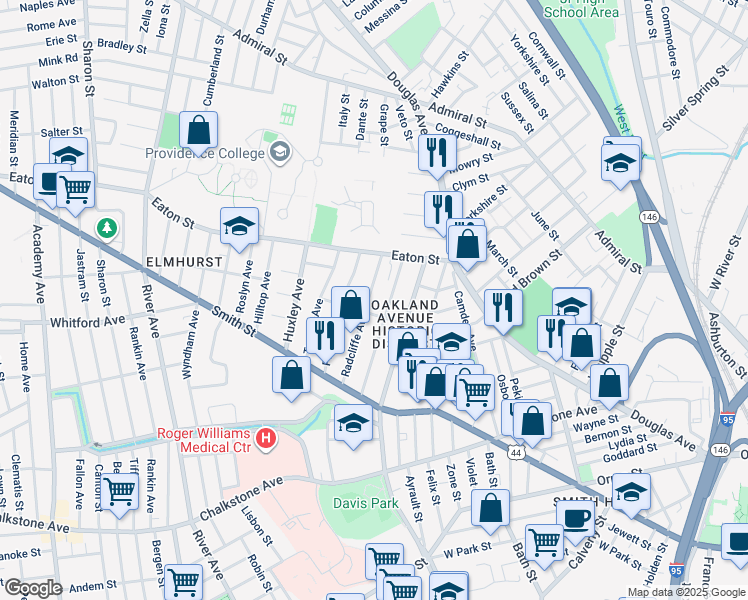 map of restaurants, bars, coffee shops, grocery stores, and more near 107 Pembroke Avenue in Providence