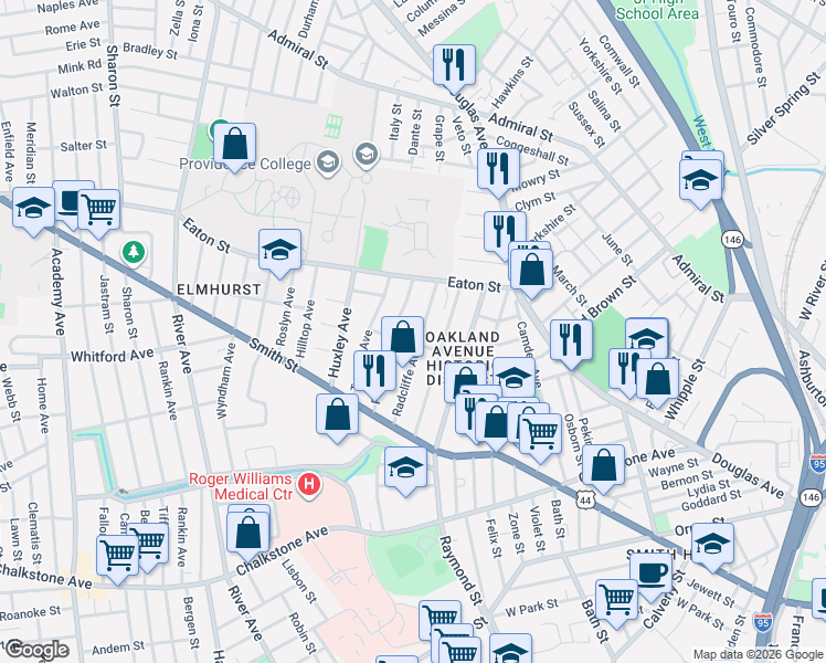 map of restaurants, bars, coffee shops, grocery stores, and more near 90 Radcliffe Avenue in Providence
