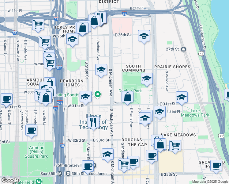 map of restaurants, bars, coffee shops, grocery stores, and more near 3021 South Indiana Avenue in Chicago