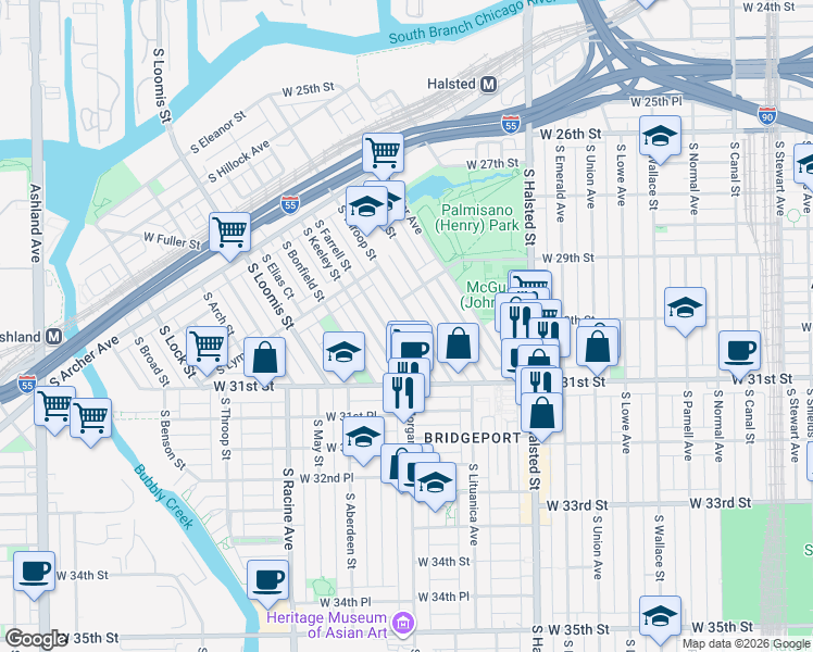 map of restaurants, bars, coffee shops, grocery stores, and more near 3004 South Throop Street in Chicago