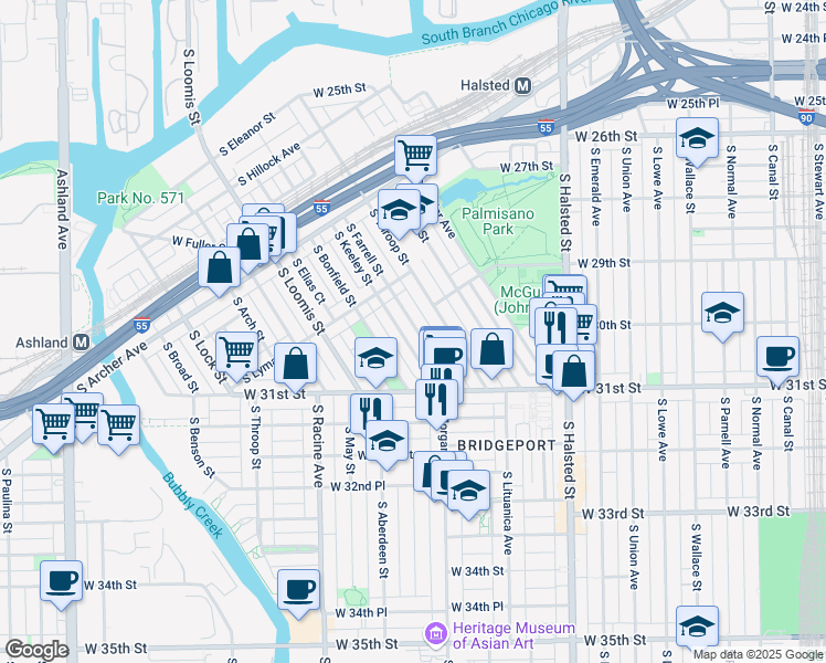 map of restaurants, bars, coffee shops, grocery stores, and more near 2953 South Keeley Street in Chicago