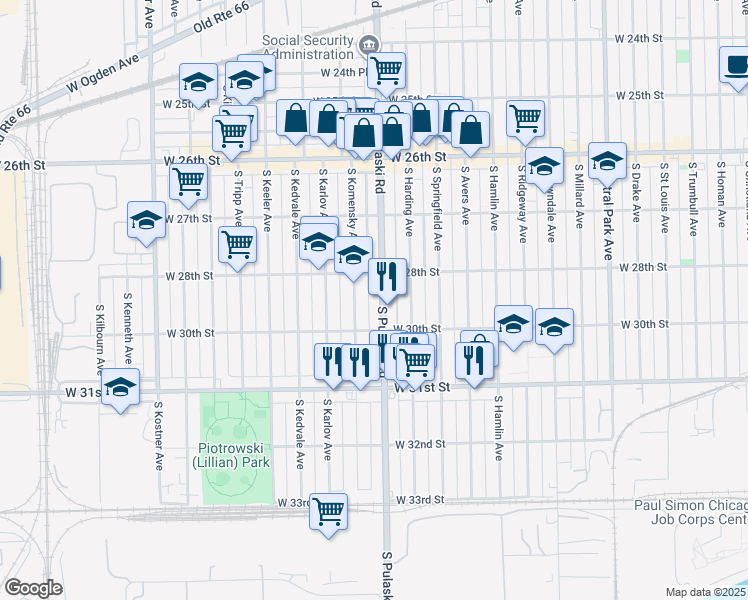 map of restaurants, bars, coffee shops, grocery stores, and more near 2834 South Pulaski Road in Chicago