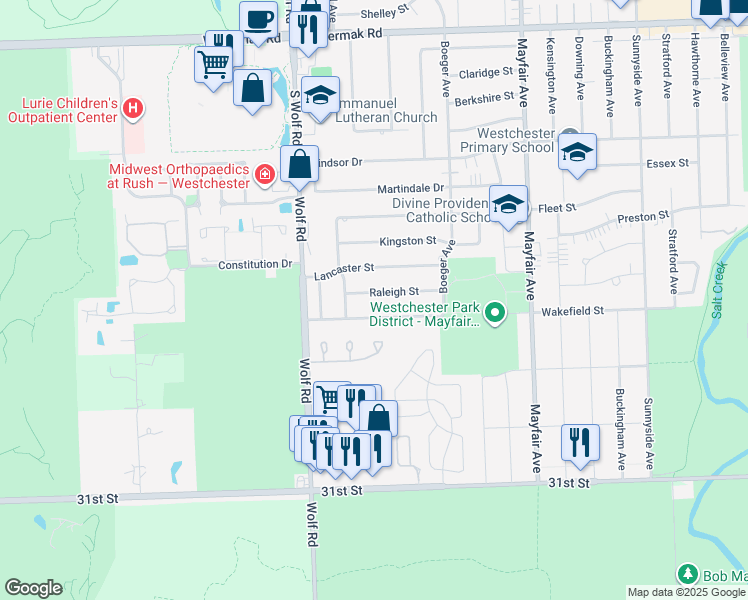 map of restaurants, bars, coffee shops, grocery stores, and more near 11112 Wakefield Street in Westchester