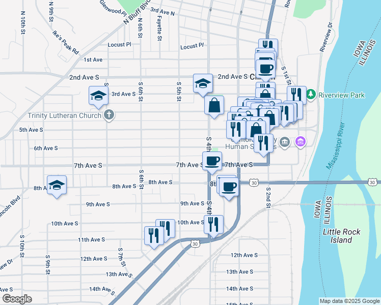 map of restaurants, bars, coffee shops, grocery stores, and more near 600-698 South 5th Street in Clinton