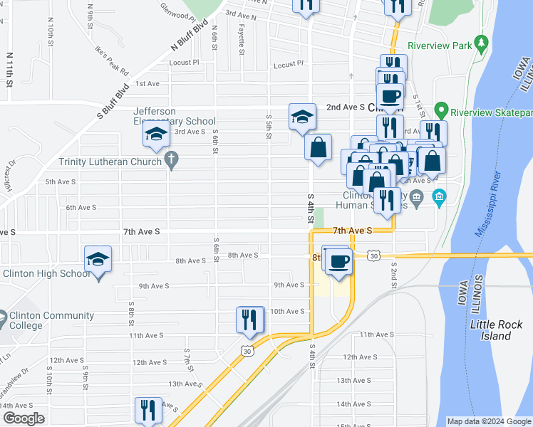 map of restaurants, bars, coffee shops, grocery stores, and more near 518 7th Avenue South in Clinton