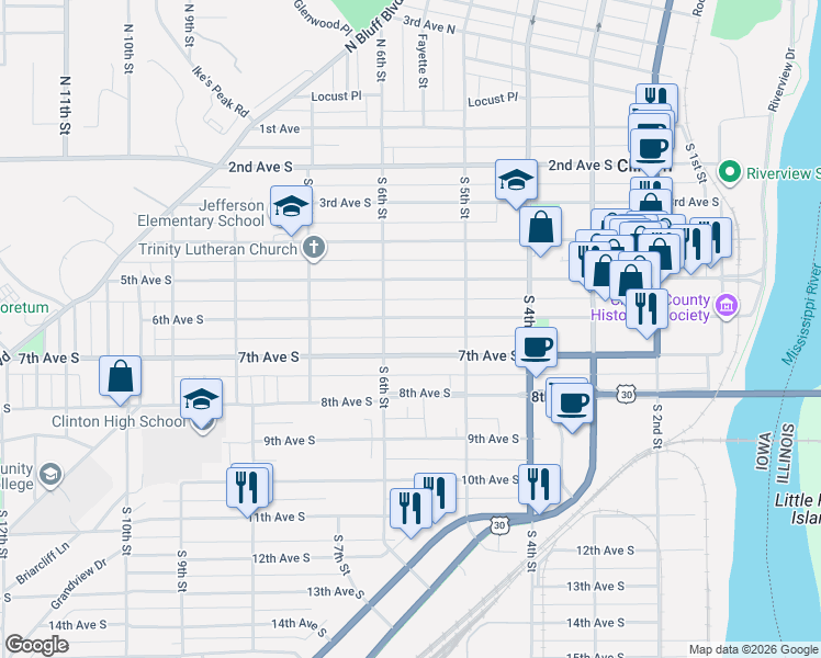 map of restaurants, bars, coffee shops, grocery stores, and more near 544 7th Avenue South in Clinton