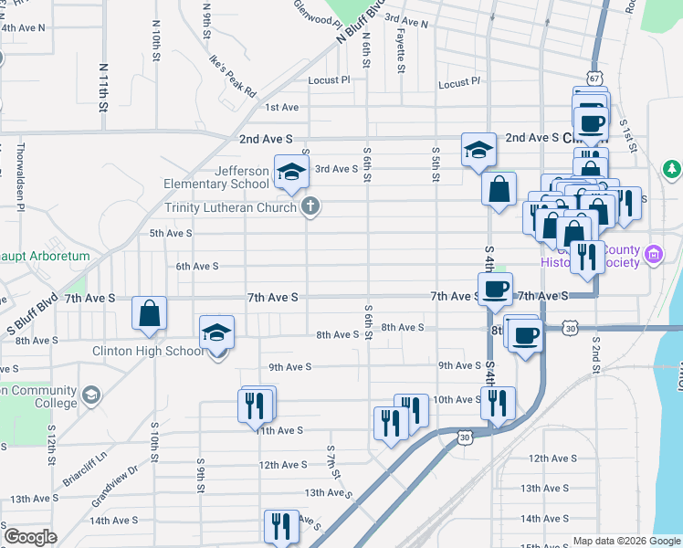 map of restaurants, bars, coffee shops, grocery stores, and more near 600-698 South 6th Street in Clinton
