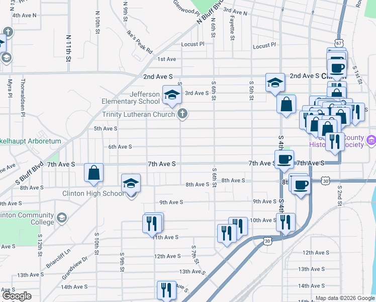 map of restaurants, bars, coffee shops, grocery stores, and more near 657 6th Avenue South in Clinton