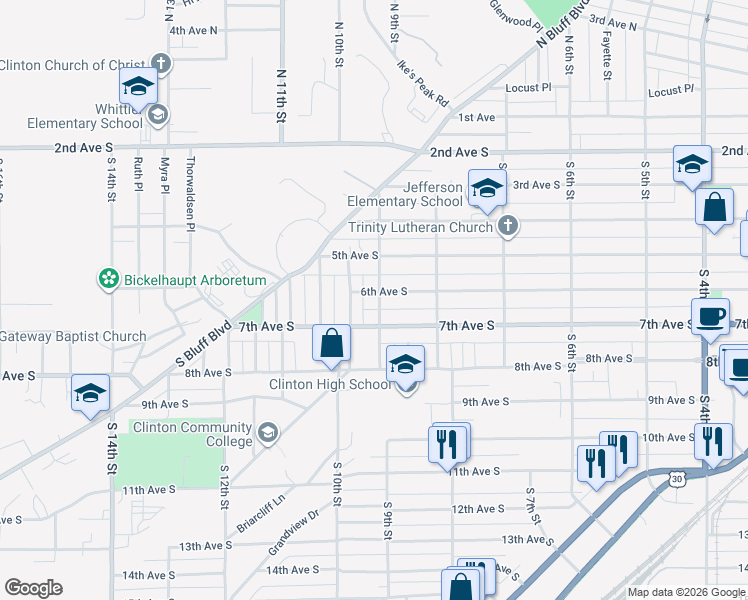 map of restaurants, bars, coffee shops, grocery stores, and more near 847 6th Avenue South in Clinton