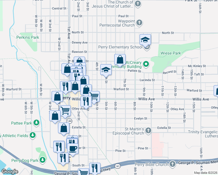 map of restaurants, bars, coffee shops, grocery stores, and more near 1501 Warford Street in Perry