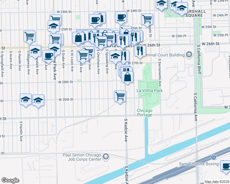 map of restaurants, bars, coffee shops, grocery stores, and more near 2838 South Sawyer Avenue in Chicago