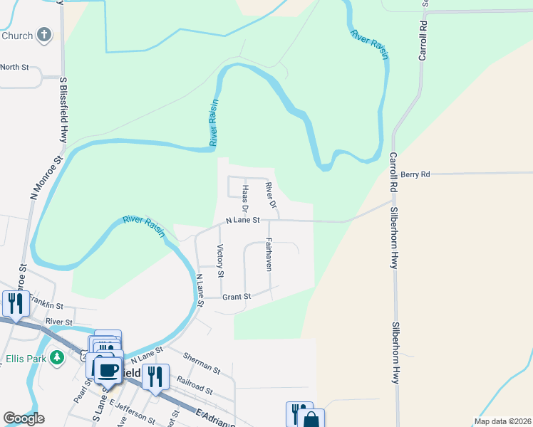 map of restaurants, bars, coffee shops, grocery stores, and more near 100 River Drive in Blissfield