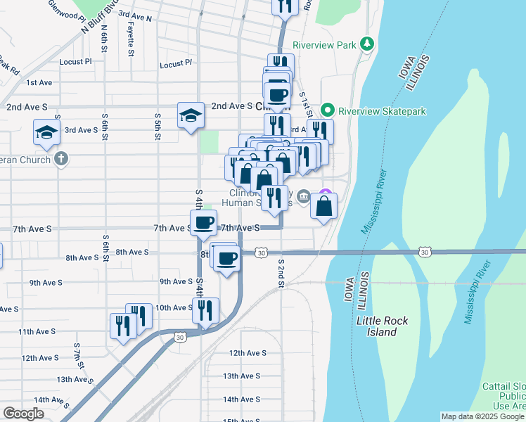 map of restaurants, bars, coffee shops, grocery stores, and more near 217 6th Avenue South in Clinton