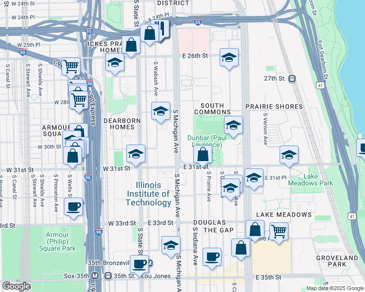 map of restaurants, bars, coffee shops, grocery stores, and more near 3021 South Indiana Avenue in Chicago