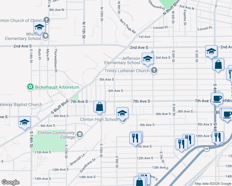 map of restaurants, bars, coffee shops, grocery stores, and more near 847 6th Avenue South in Clinton