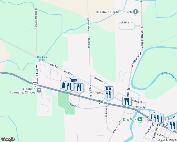 map of restaurants, bars, coffee shops, grocery stores, and more near 209 North Quick Street in Blissfield