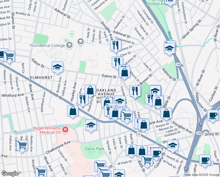 map of restaurants, bars, coffee shops, grocery stores, and more near 14 Dome Street in Providence