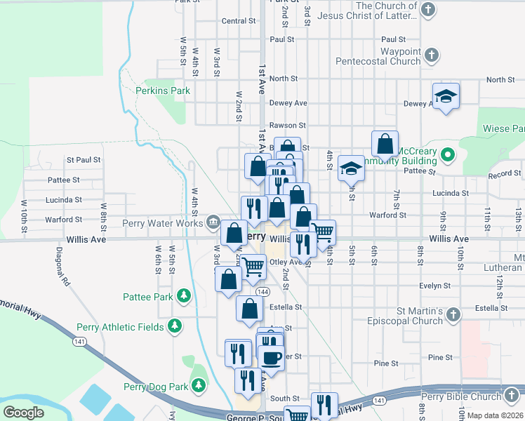 map of restaurants, bars, coffee shops, grocery stores, and more near 1208 1st Avenue in Perry