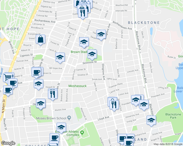 map of restaurants, bars, coffee shops, grocery stores, and more near 326 Taber Avenue in Providence