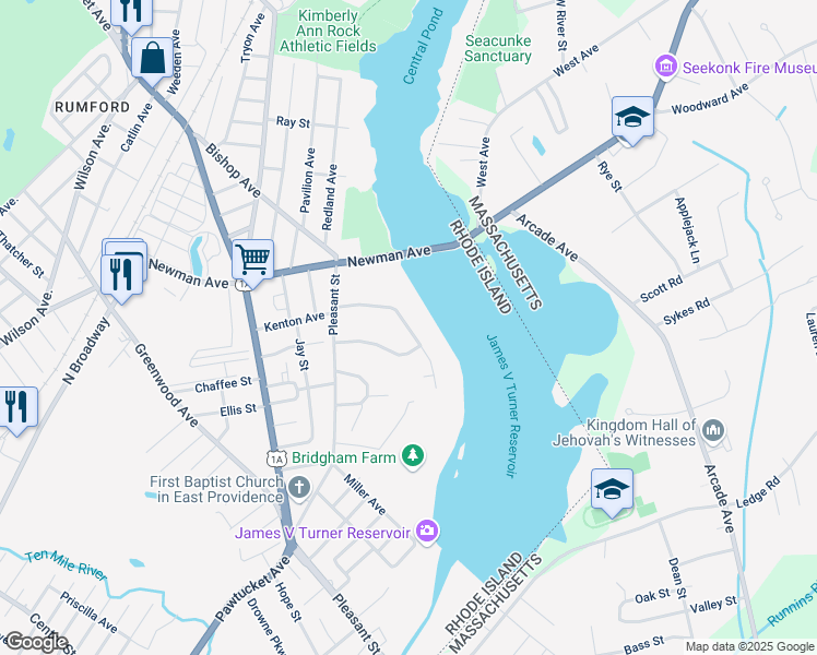 map of restaurants, bars, coffee shops, grocery stores, and more near Bridgham Farm Road in East Providence