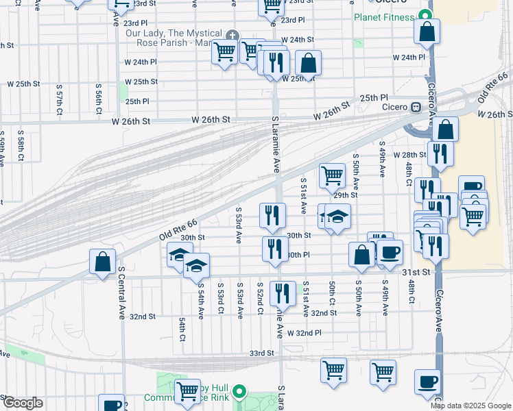 map of restaurants, bars, coffee shops, grocery stores, and more near 5202 West 29th Place in Cicero